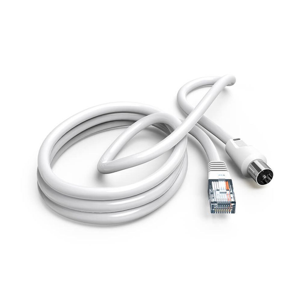 A white coiled cable with two connectors on a white background.