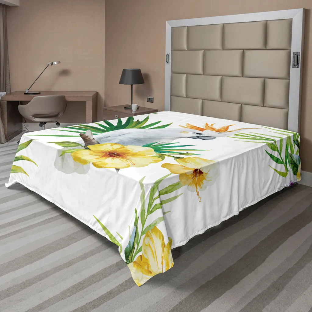 Drap de lit doux et confortable imprimé Perroquet et Hibiscus jaune