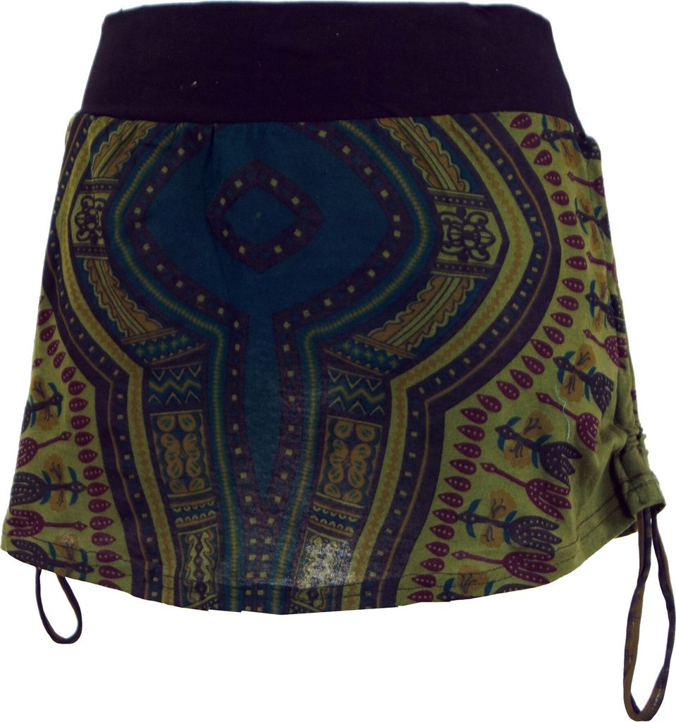 Minirock, Dashiki Yogarock zum Raffen - Olive, Damen, Grün, Baumwolle, Röcke