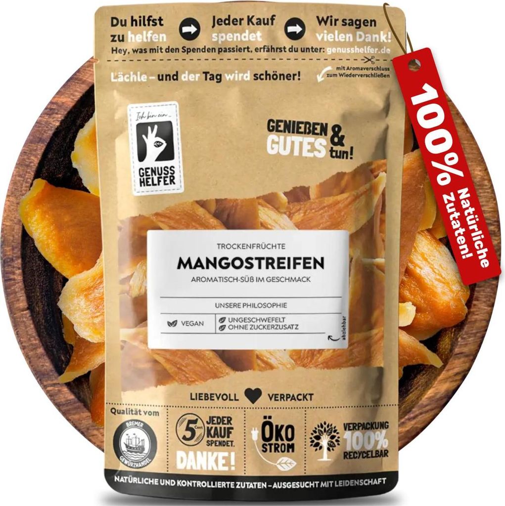 Mango, getrocknet ungeschwefelte Mangostreifen ohne Zuckerzusatz - getrocknete Früchte, Trockenfrüchte, Trockenobst, ungezuckert, dried mango, dr...