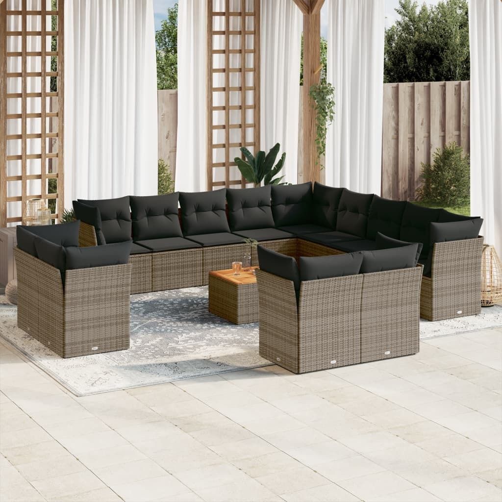 Design 14-tlg. Garten-Sofagarnitur mit Kissen Grau Poly Rattan, Gartenmöbel-Sets 2024 Neu