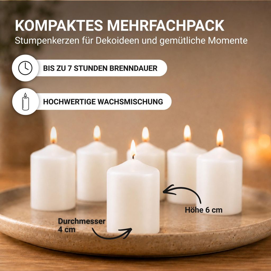 Wachs Stumpenkerzen Ø4cm x 6cm (6 Stück)
