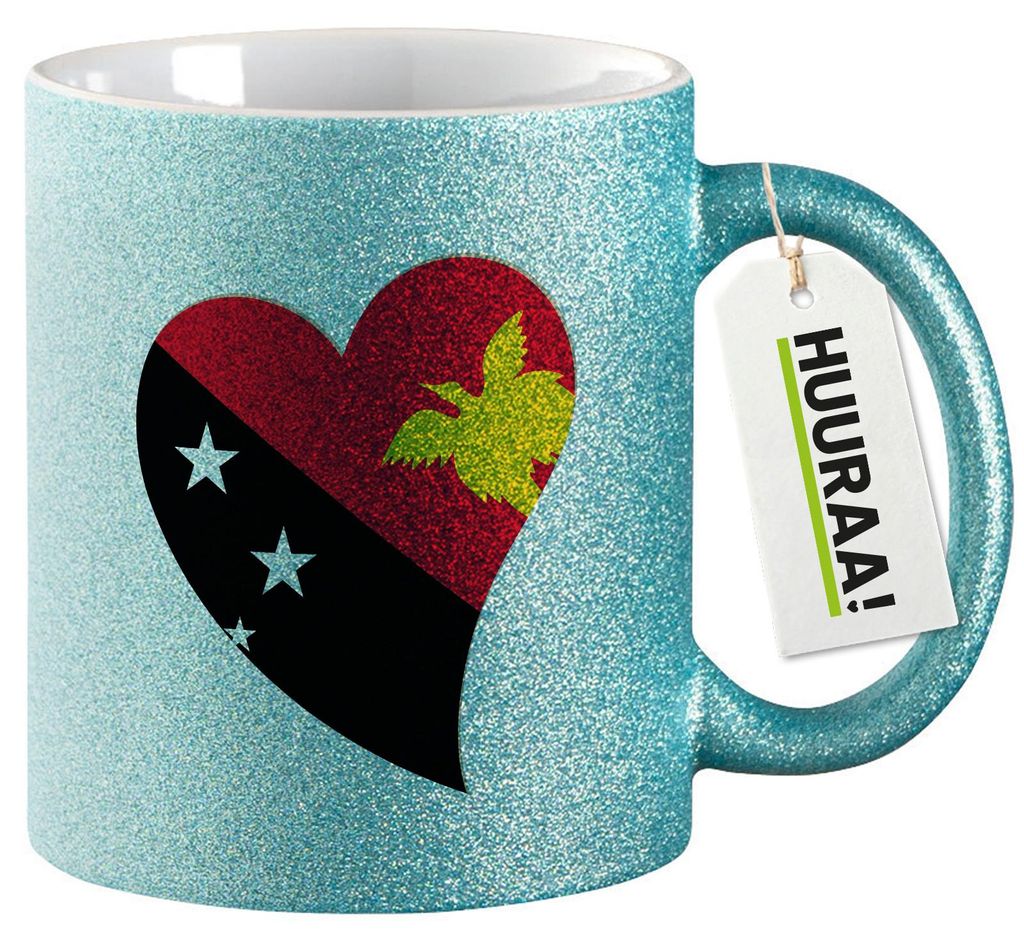 Huuraa Glitzertasse Papua-Neuguinea Flagge Herz 330ml Blau Keramik Kaffeebecher Geschenkidee