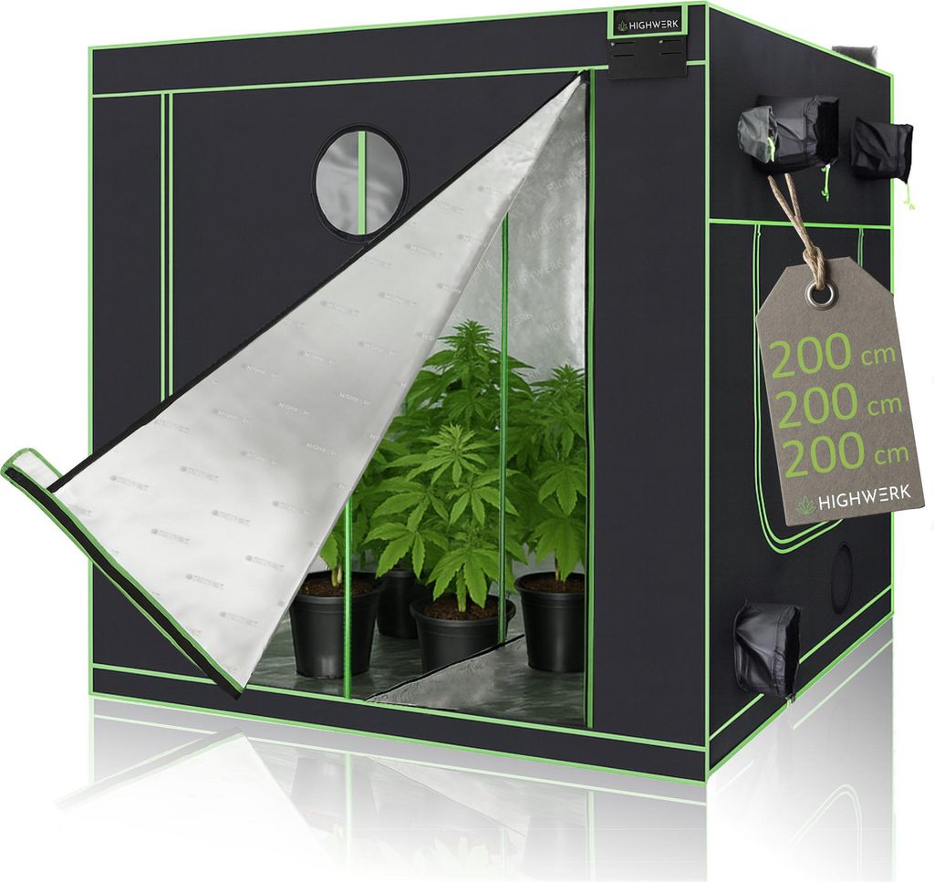 HIGHWERK Growzelt 200 x 200 x 200 cm, Indoor Grow tent, schwarz grün, Homegrow, Growschrank, Pflanzenzelt