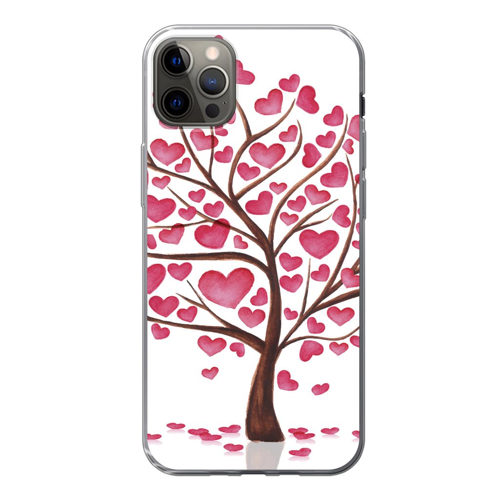 MuchoWow Handyhülle Schutzhülle Hülle für iPhone 12 Pro Max Eine Illustration eines Baumes mit Herzen Silikon Softcase Handy Hülle - Hartschale