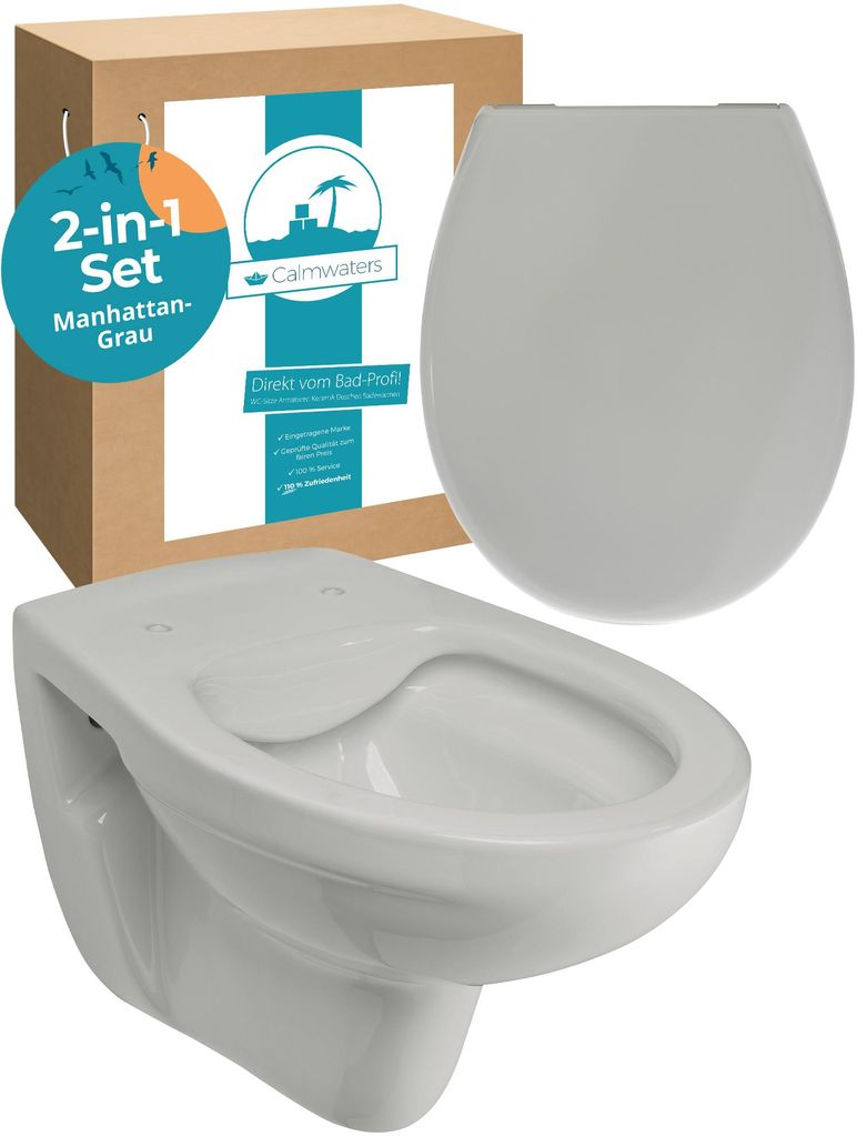 Calmwaters Spülrandloses Wand WC im Set in Manhattan-Grau, Tiefspüler mit WC Sitz aus Urea-Duroplast mit Absenkautomatik, 99000191