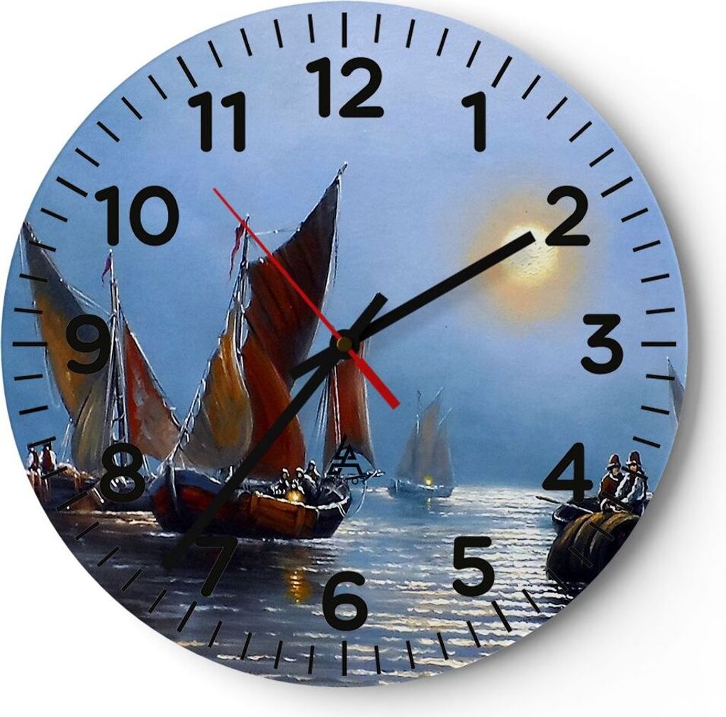 Wanduhr - Rund - Glasuhr - Boote Sonne Fischer Angeln - 30x30cm - Schleichendes Uhrwerk - Lautlos - zum Aufhängen bereit - Dekoration Modern - Wan...