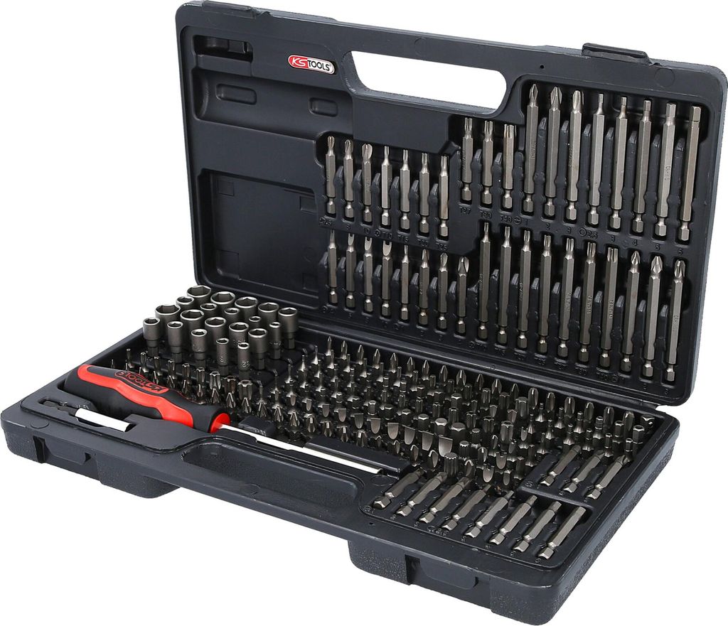 A black plastic case containing a large set of screwdriver bits and sockets, with a red and black screwdriver handle.
