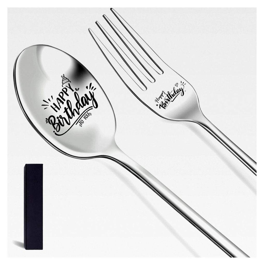 Happy Birthday Löffel und Gabel Set, 2 Stück mit Gravur für Geburtstagsgeschenke