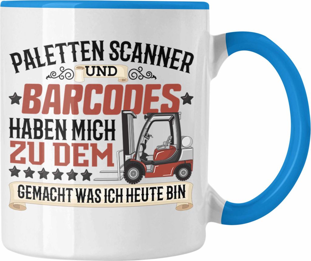 Trendation - Paletten Scanner Barcodes Tasse Geschenk für Staplerfahrer Gabelstapler Fahrer Geschenkidee Lager Logistiker (Blau)