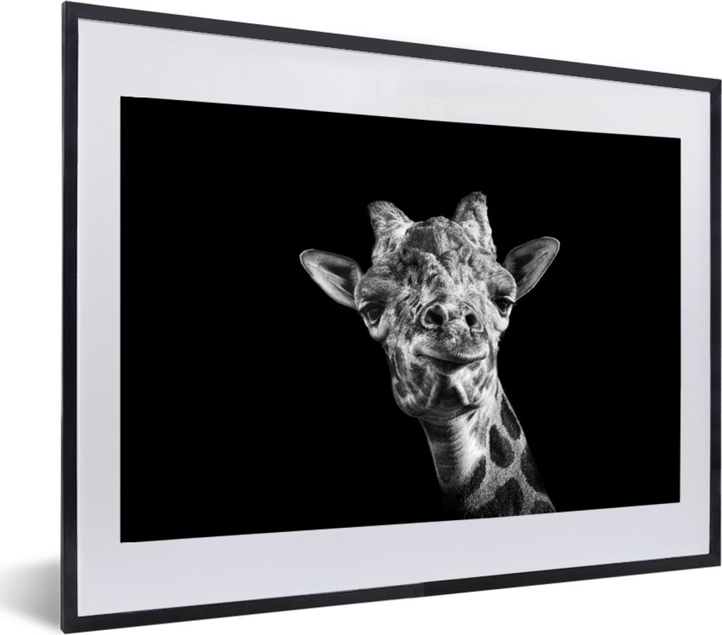 MuchoWow MuchoWow Gerahmtes Poster Giraffe - Tier - Schwarz - Weiß 60x40 cm - Poster mit zchwarzem Bilderrahmen - Schlafzimmer - Plakat in Rah...