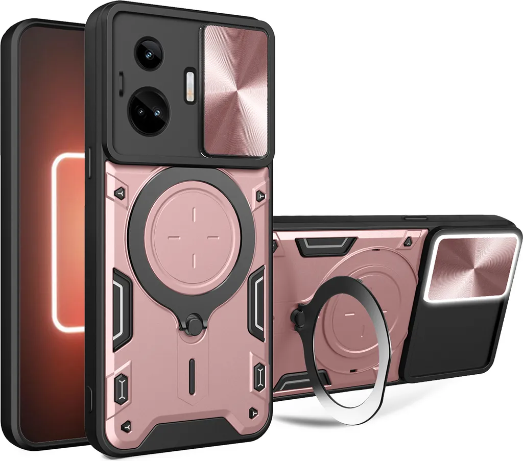 Custodia per Realme GT3 / GT Neo 5 Custodia resistente a doppio strato con copertura della fotocamera e supporto ad anello Oro rosa