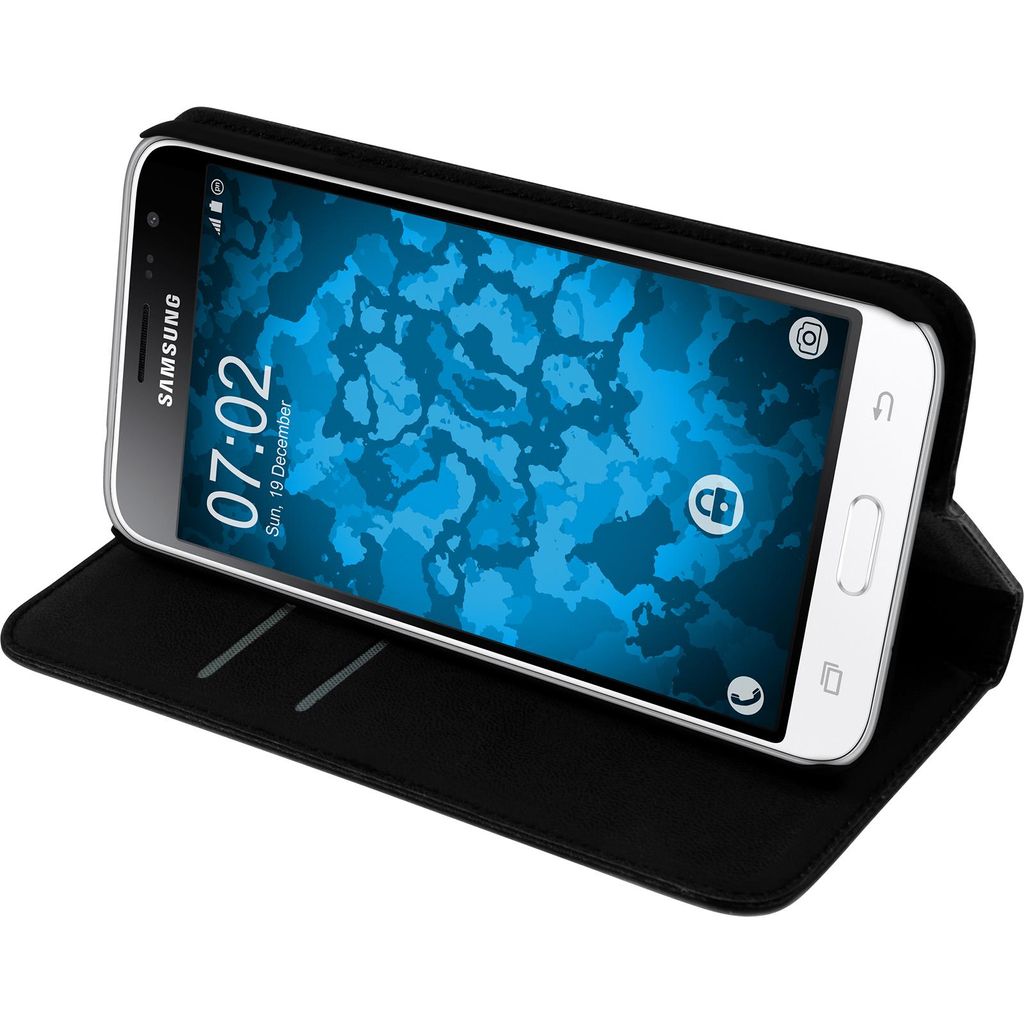 PhoneNatic Kunst-Lederhülle kompatibel mit Samsung Galaxy J3 (2016) - Book-Case schwarz + 2 Schutzfolien