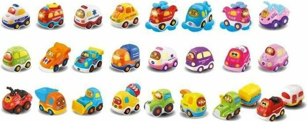 A collection of small toy vehicles arranged in rows against a white background.