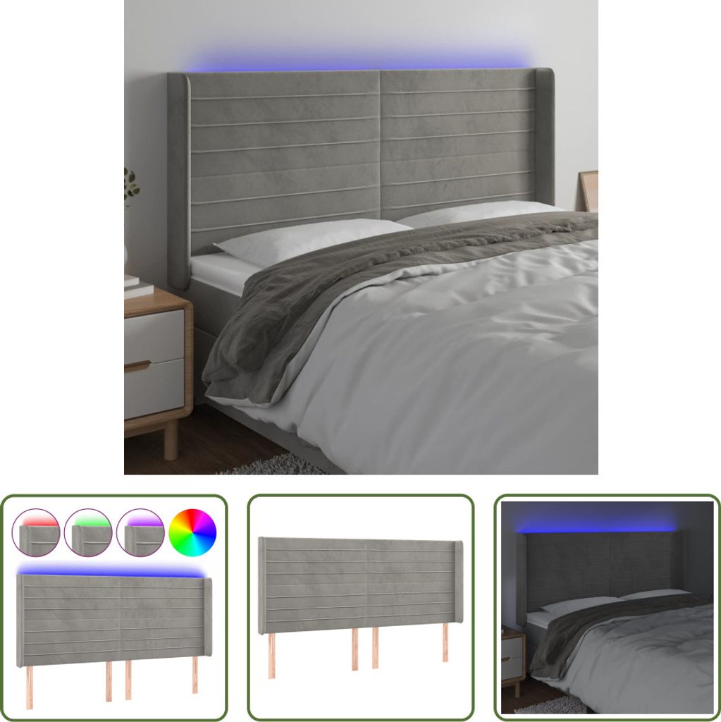 The Living Store LED Kopfteil Hellgrau 183x16x118/128 cm Samt