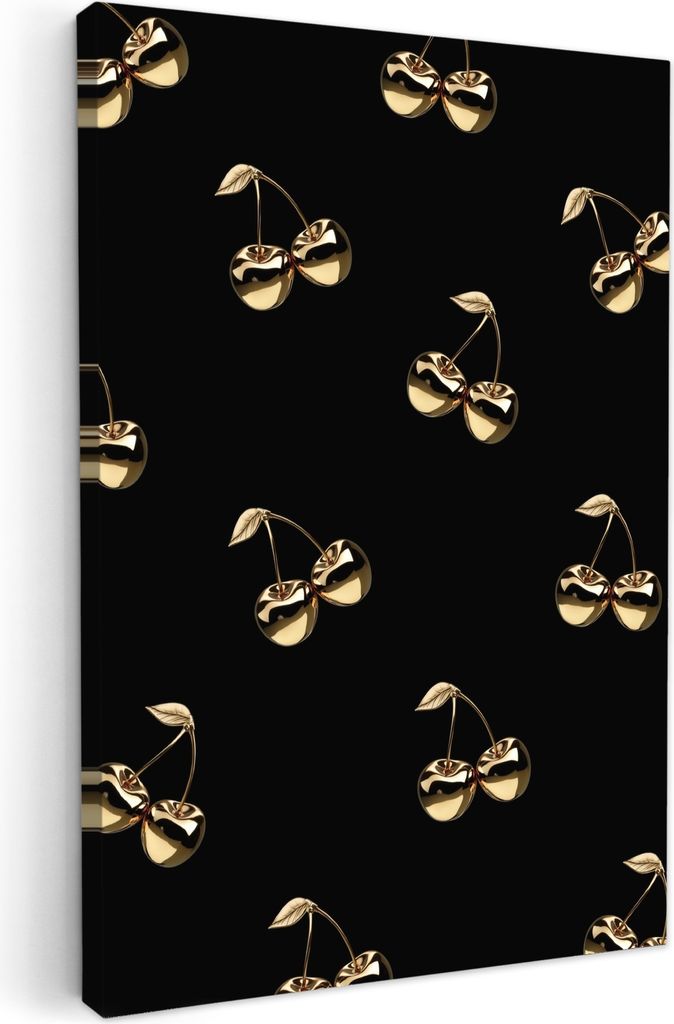 Leinwand Bilder 40x60 cm - Gold - Kirschen Muster - Schwarz, Wandbilder, Wanddeko Wohnzimmer, Bild