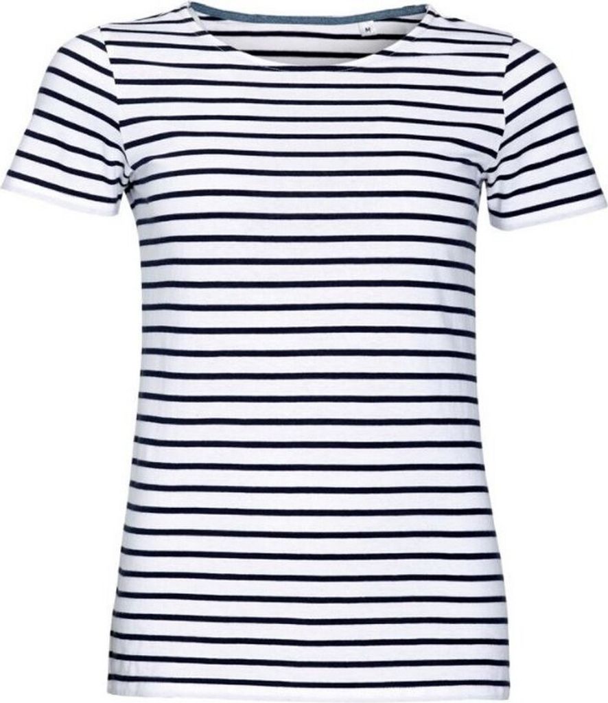 SOLS Damen Miles T-Shirt, gestreift, kurzärmlig PC2585 (XS) (Weiß/Marineblau)