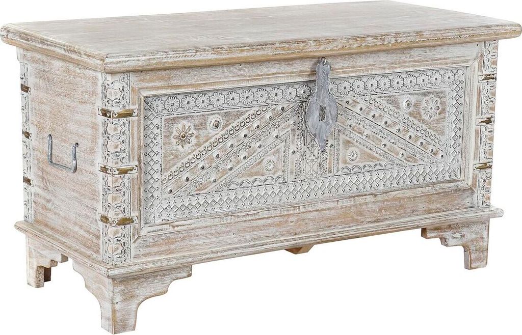 A white and brass carved wooden chest on a white background.