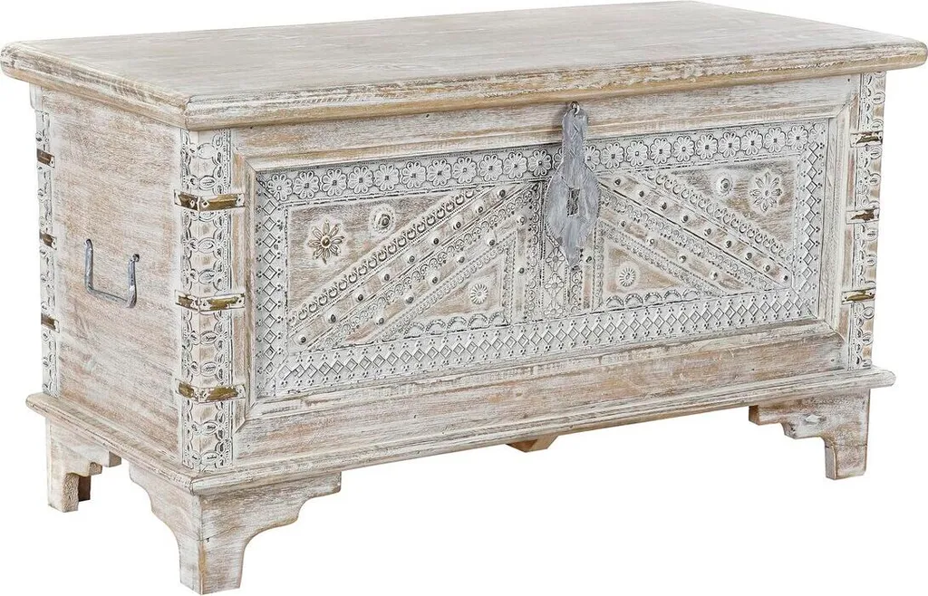 Coffre de rangement bois de mangue blanc avec finitions laiton doré