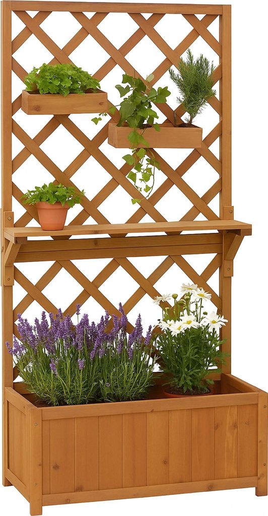 Hochbeet HWC-P68, Pflanz-/Blumenkasten Rankgitter Rankhilfe Ablage Hängekästen Holz 135x70x30cm natur