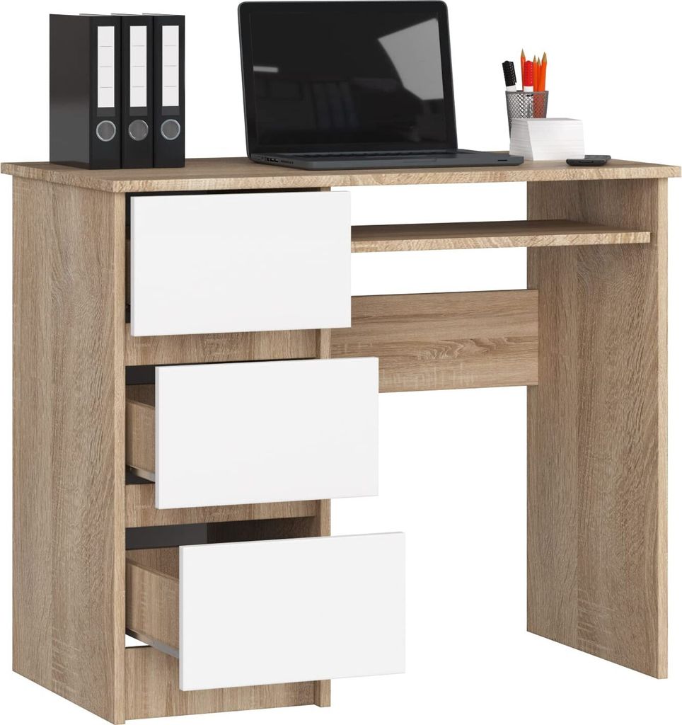 BDW, Computertisch mit 3 Schubladen, Tastaturauszug, 90x77x50 cm, Eiche Sonoma / Weiß (Links)