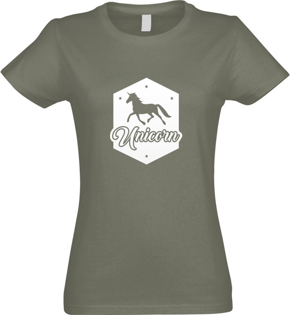 Kiwistar - T-Shirt tailliert - Damen - Olive - Unicorn Einhorn Regenbogen - mit Motiv Bedruckt - Funshirt Design - Sport - Freizeit - Damen - S