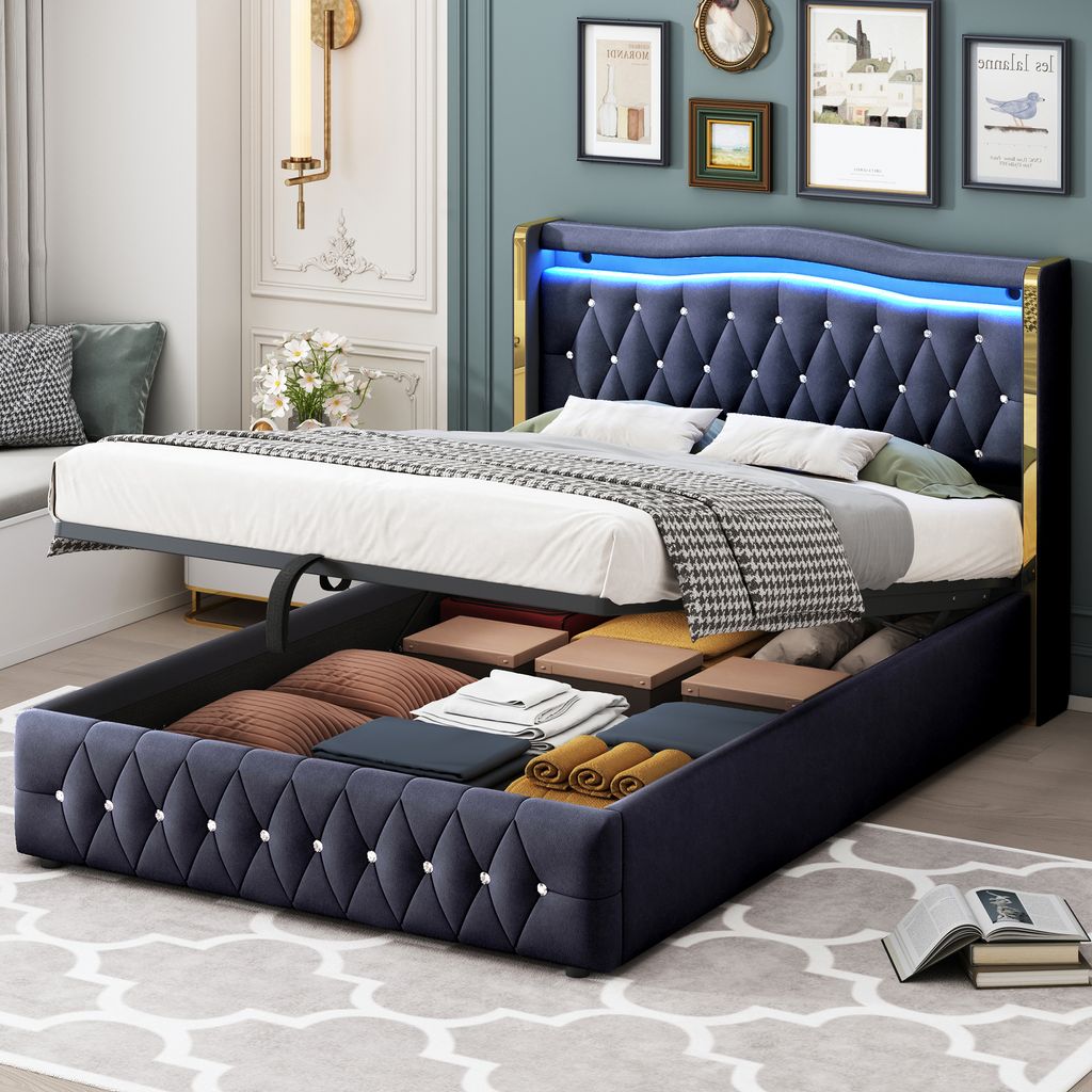 Flieks Hydraulisches Polsterbett 140x200cm mit Stauraum, Doppelbett Jugendbett mit LED, Holzbett Boxspringbett mit Lattenrost, Bett Samt, Schwarz