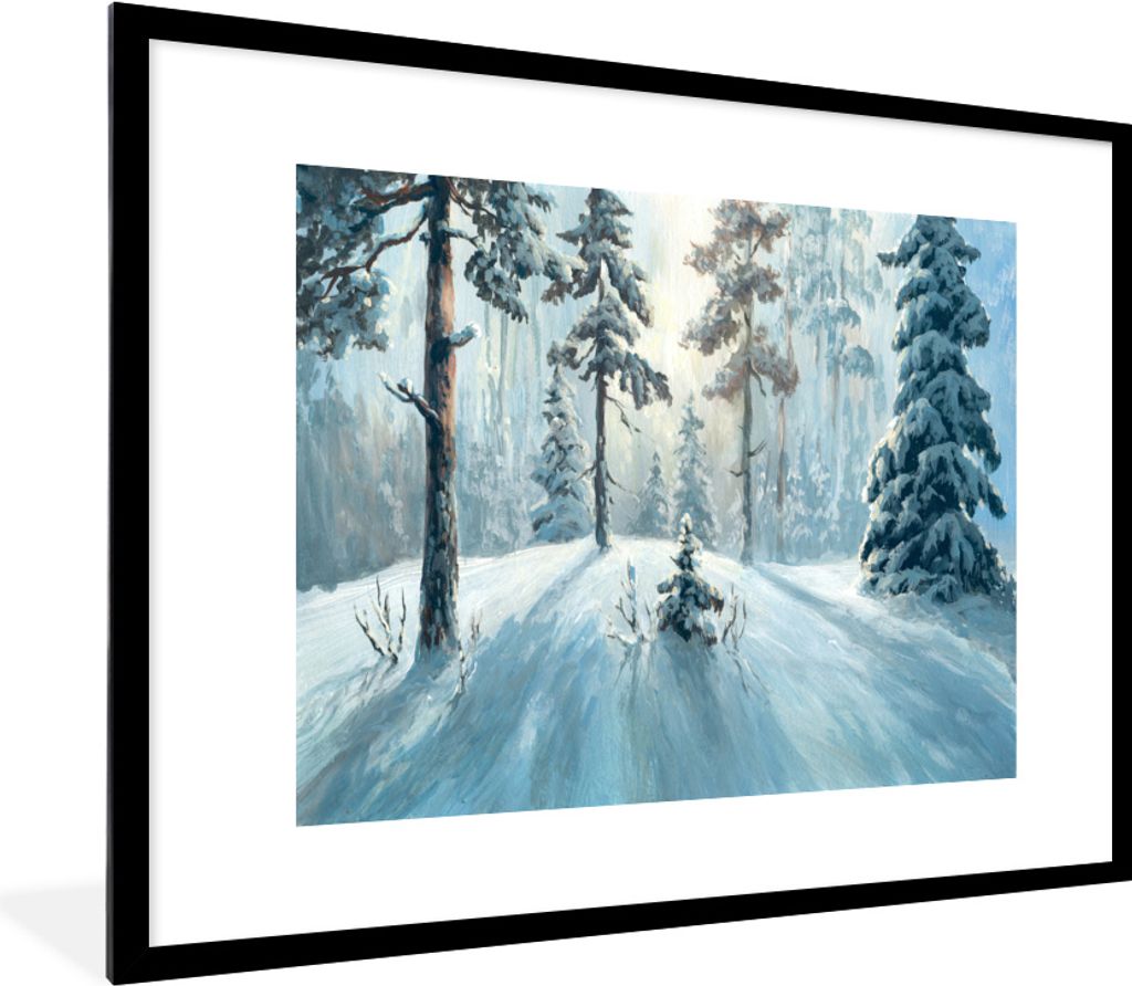 MuchoWow MuchoWow Gerahmtes Poster Schnee - Wald - Winter 80x60 cm - Poster mit zchwarzem Bilderrahmen - Schlafzimmer-Dekorationen - Fotoposter