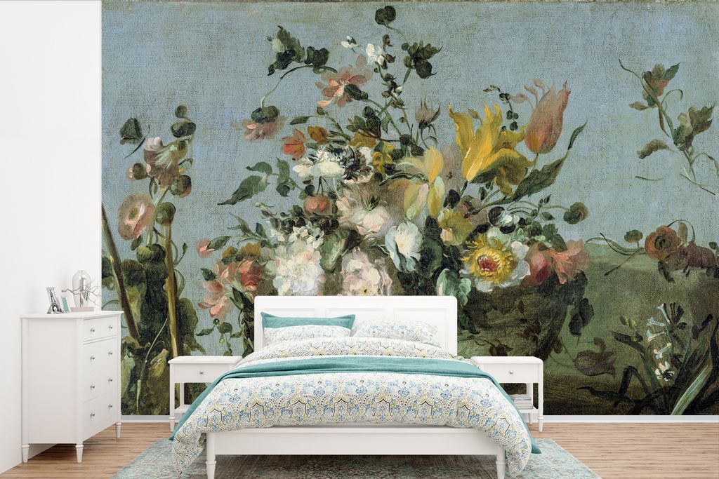 MuchoWow Fototapete für Wohnzimmer oder Schlafzimmer Wandtapete Vinyl Motivtapete Blumen - Alte Meister - Ölfarbe - 525x350 cm - Das Hintergrun...