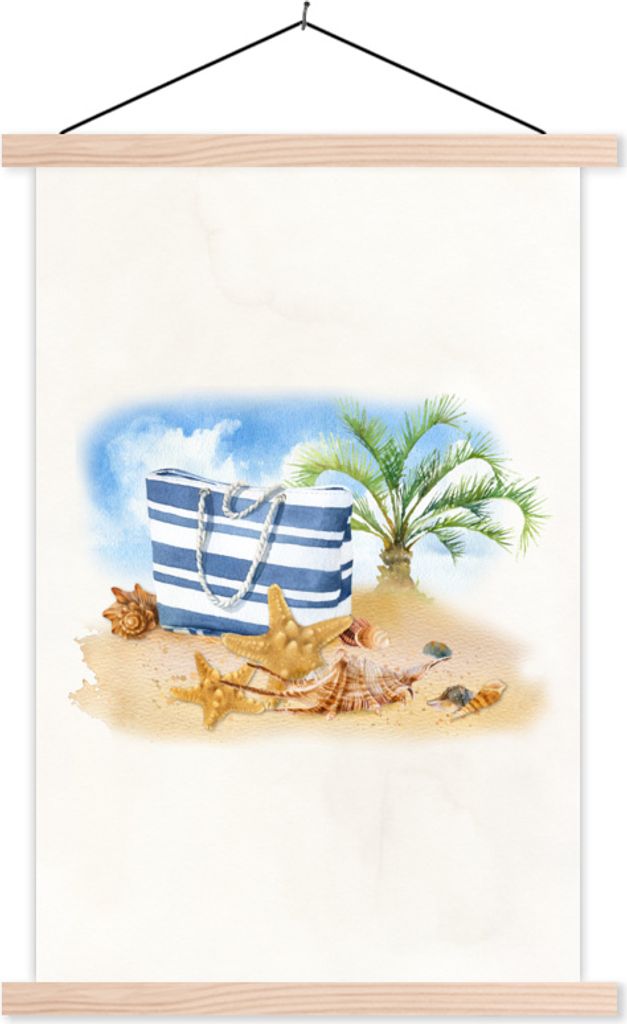 MuchoWow Textilposter Tasche - Palme - Muscheln 40x60 cm mit holzfarbenen Rahmen - Poster