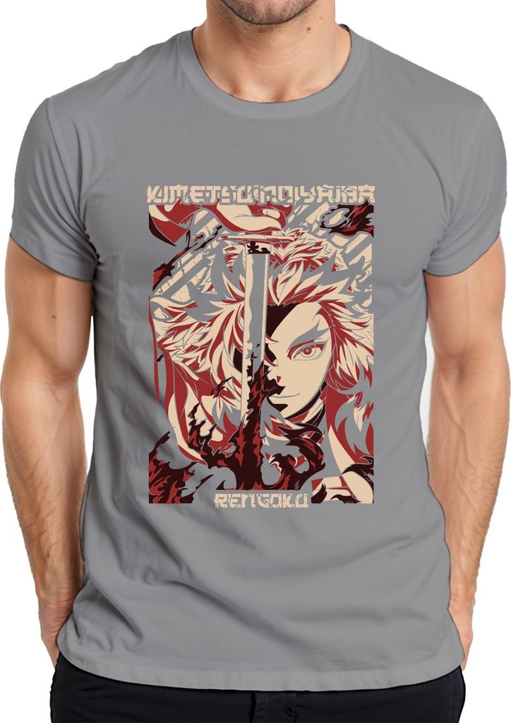 Rengoku Kimetsu no Yaiba Demon Slayer Flammen Schwert Herren T-Shirt, Grau, L