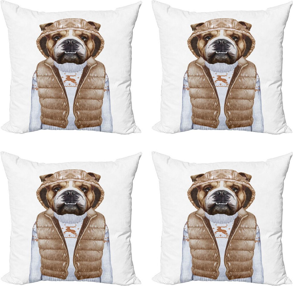 ABAKUHAUS Bulldogge Kissenbezug Set (4 Stück), Welpe in einem nach unten Weste, Moderner Doppelseitiger Digitaldruck, 45 cm x 45 cm, Pale Brown Ba...