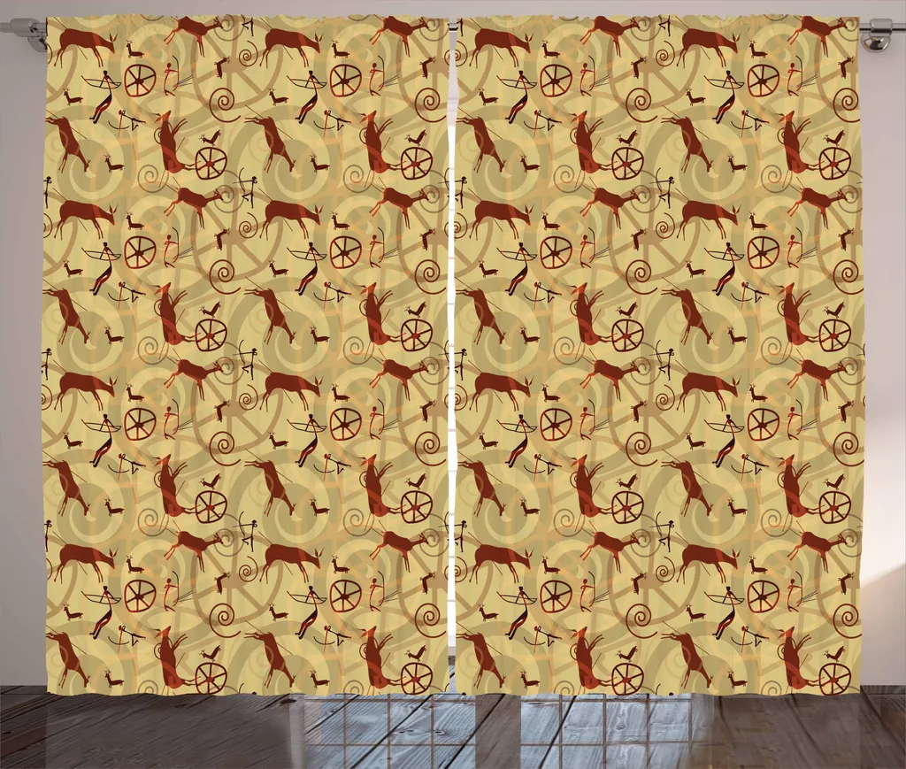 ABAKUHAUS sud-ovest Tenda rustica, arte preistorica, soggiorno Nastro universale Tende con passanti e ganci, 280 x 175 cm, giallo chiaro Marrone