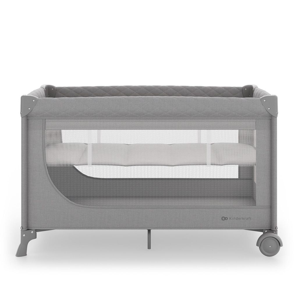 kinderkraft leody up, reisebett, 2-in-1, laufstall, babybett, klappbar, faltbar, mobil, transporttasche, mesh, 2 höhen, seitlicher einstieg, Grau