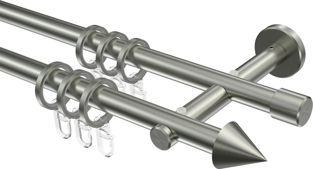 Interdeco Gardinenstange / Vorhangstange Edelstahl, Typ Medium Scarano (Kegel), 16 mm Ø 2-läufig, 200 cm