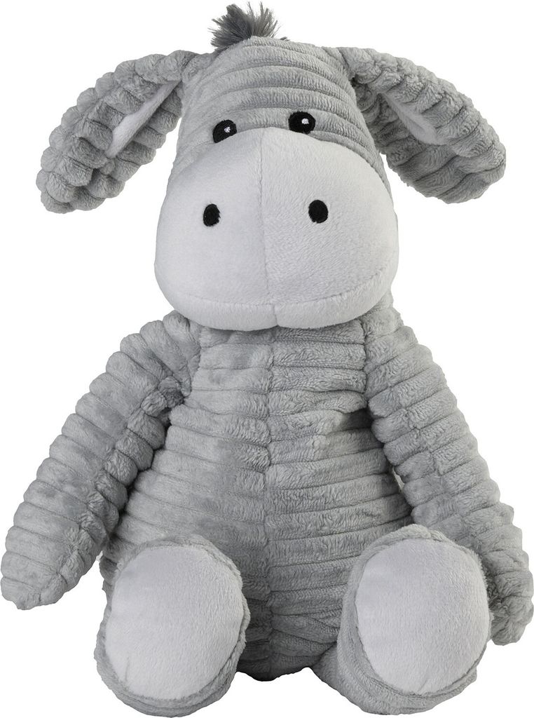 A plush toy donkey sitting on a white background.