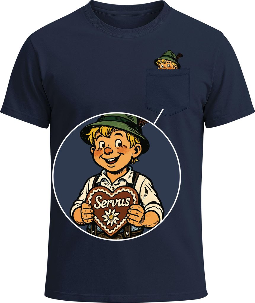 Herren T-Shirt mit Brusttasche Lausbua Lebkuchen Herz Servus Lederhosn in da Wäsch Ersatz Tracht Trachtenlook für das Bier Fun-Shirt Moonworks