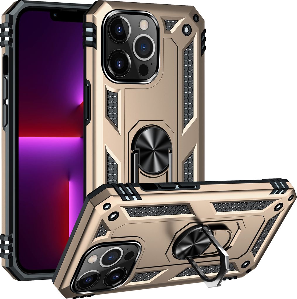 Schutzhülle für iPhone 13 Pro Max, Dual Layer Militäre Fallschutz Hülle mit Ringhalterung Ständer für iPhone 13 Pro Max Gold