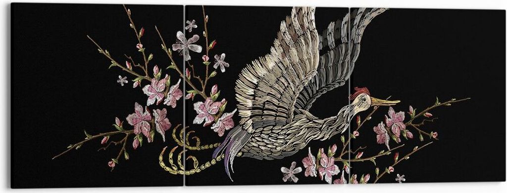 Bild auf Leinwand - Leinwandbild - 3 Teile - Asiatisch Vogel Blumen - 150x50cm - Wand Bild - Wanddeko - Wandbilder - Leinwanddruck - Bilder - Wandd...