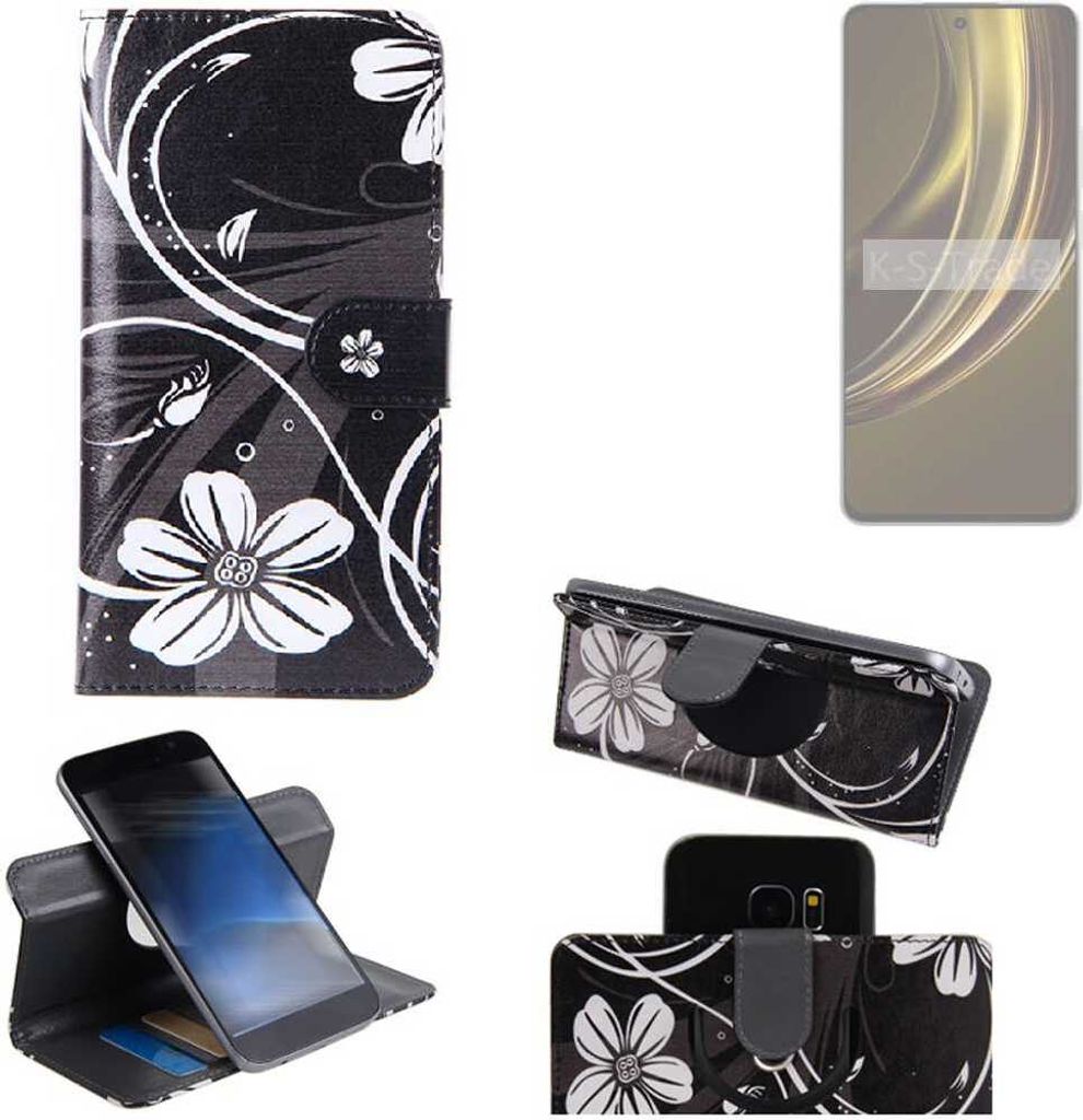 K-S-Trade Schutzhülle Handyhülle kompatibel mit Realme P1 Speed 5G Hülle 360° Wallet Case “Flowers“ Klapphülle Hülle schwarz-weiß 1x
