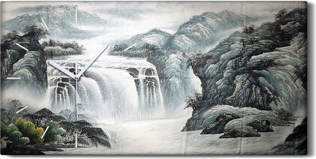Wandkunst Leinwand Bild Uhr 60x30 Gemälde Berg Fluss Wasserfall Büsche Kunst - weiße Hände