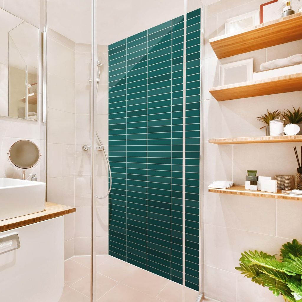 Duschrückwand mit Motiv selbstklebend - 0.61 mm Wandpaneel wasserfest Design petrol Fliesenoptik Unifarben Badrückwand fugenlos Premium matt 100x...