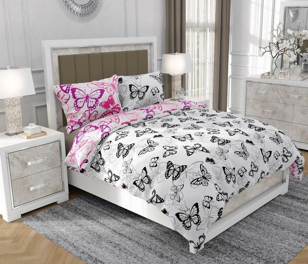 Bettwäsche 140x200 cm + 2x70x80 cm, 3-teilig, 100% Baumwolle, Satin, Reißverschluss, Schmetterlinge, Bunt - SOVIO | So.9022