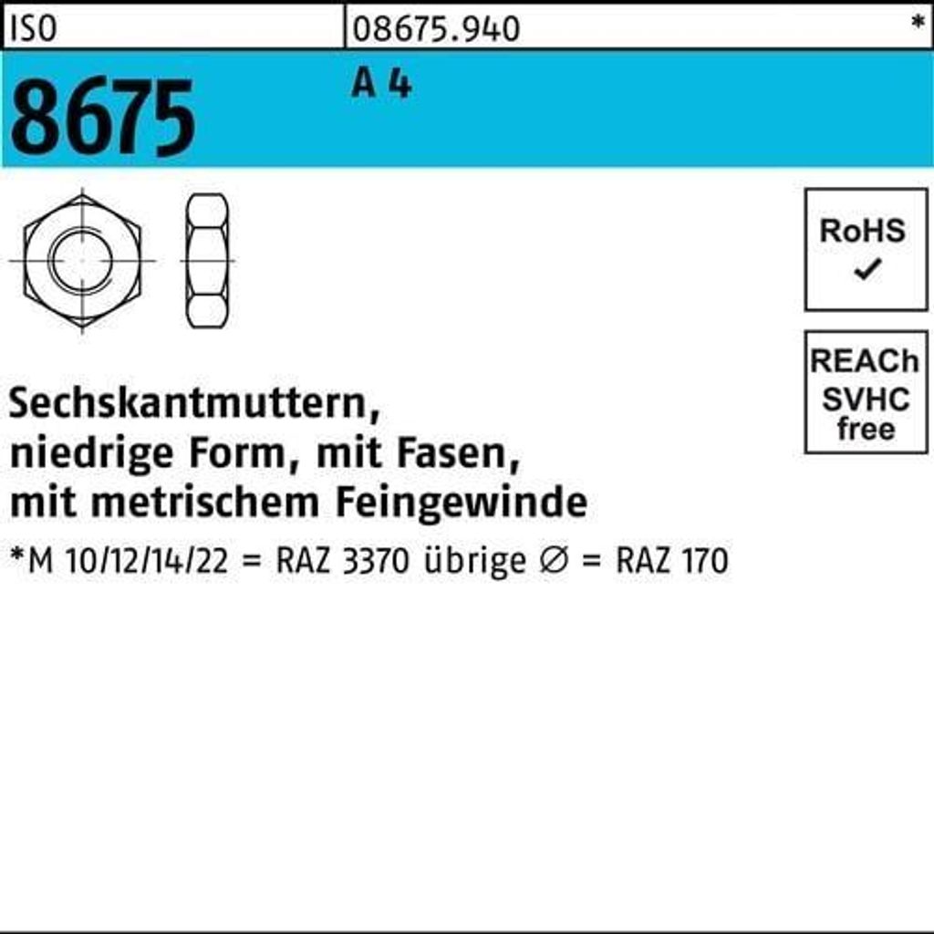 Reyher Sechskantmu. mit Fasen ISO 8675 A 4 M 22 x 1,5 A 4 (10 Stück)