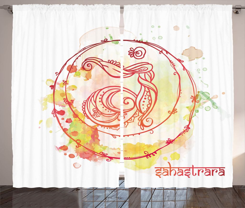 ABAKUHAUS asiatisch Rustikaler Vorhang, Yoga Chakra Gezeichnet, Wohnzimmer Universalband Gardinen mit Schlaufen und Haken, 280 x 245 cm, Gelb Rot