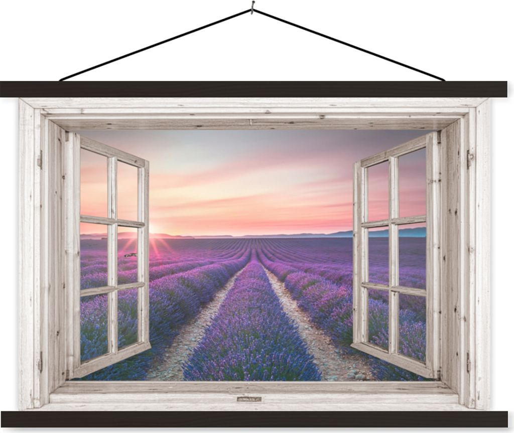 MuchoWow Textilposter Durchsichtig - Lavendel - Blumen - Holz - Sonnenuntergang - Lila 90x60 cm mit schwarzem Rahmen - Aufhängungssatz