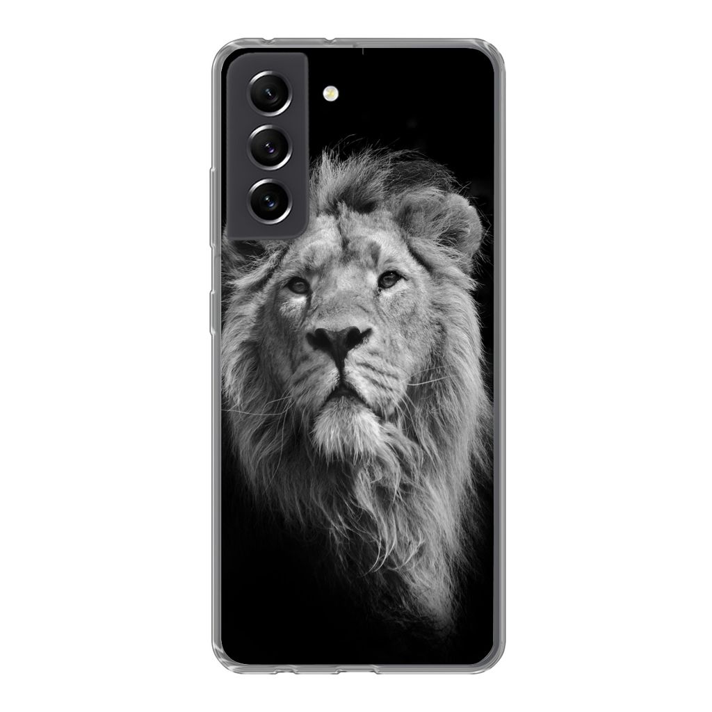 MuchoWow Handyhülle Schutzhülle Hülle für Samsung Galaxy S21 FE Asiatischer Löwe vor schwarzem Hintergrund in Schwarz und Weiß Silikon Soft...