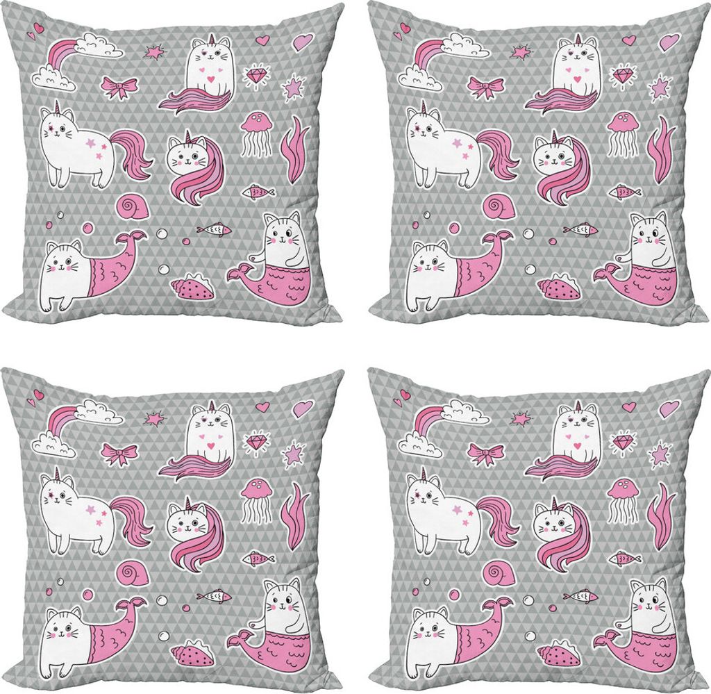 ABAKUHAUS Einhorn-Katze Kissenbezug Set (4 Stück), Mermaid Cat, Moderner Doppelseitiger Digitaldruck, 40 cm x 40 cm, Grau Pale Pink Weiß