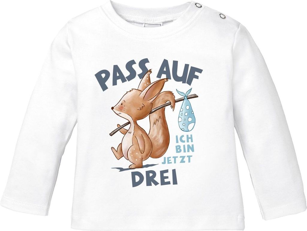 Baby Langarm-Shirt 1. Geburtstag mit Spruch Ich bin jetzt Eins | Zwei | Drei Eichhörnchen Tiere Geburtstagsshirt Baumwolle Junge/Mädchen MoonWork...