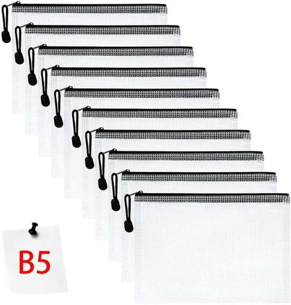 Pochette imperméable B5 en filet plastique avec zip, lot de 10 pièces
